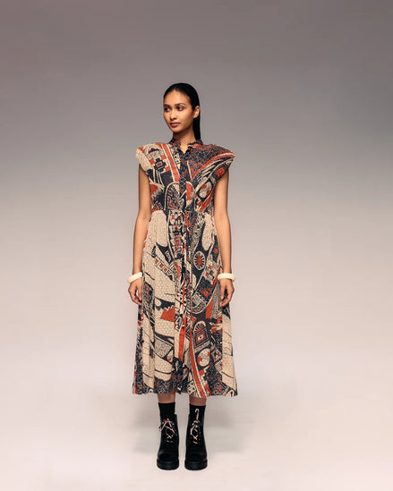 Rust Print Cotton Net Drawstring Dress