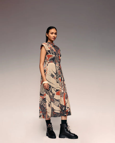 Rust Print Cotton Net Drawstring Dress