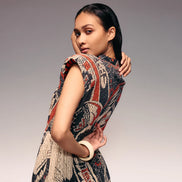 Rust Print Cotton Net Drawstring Dress