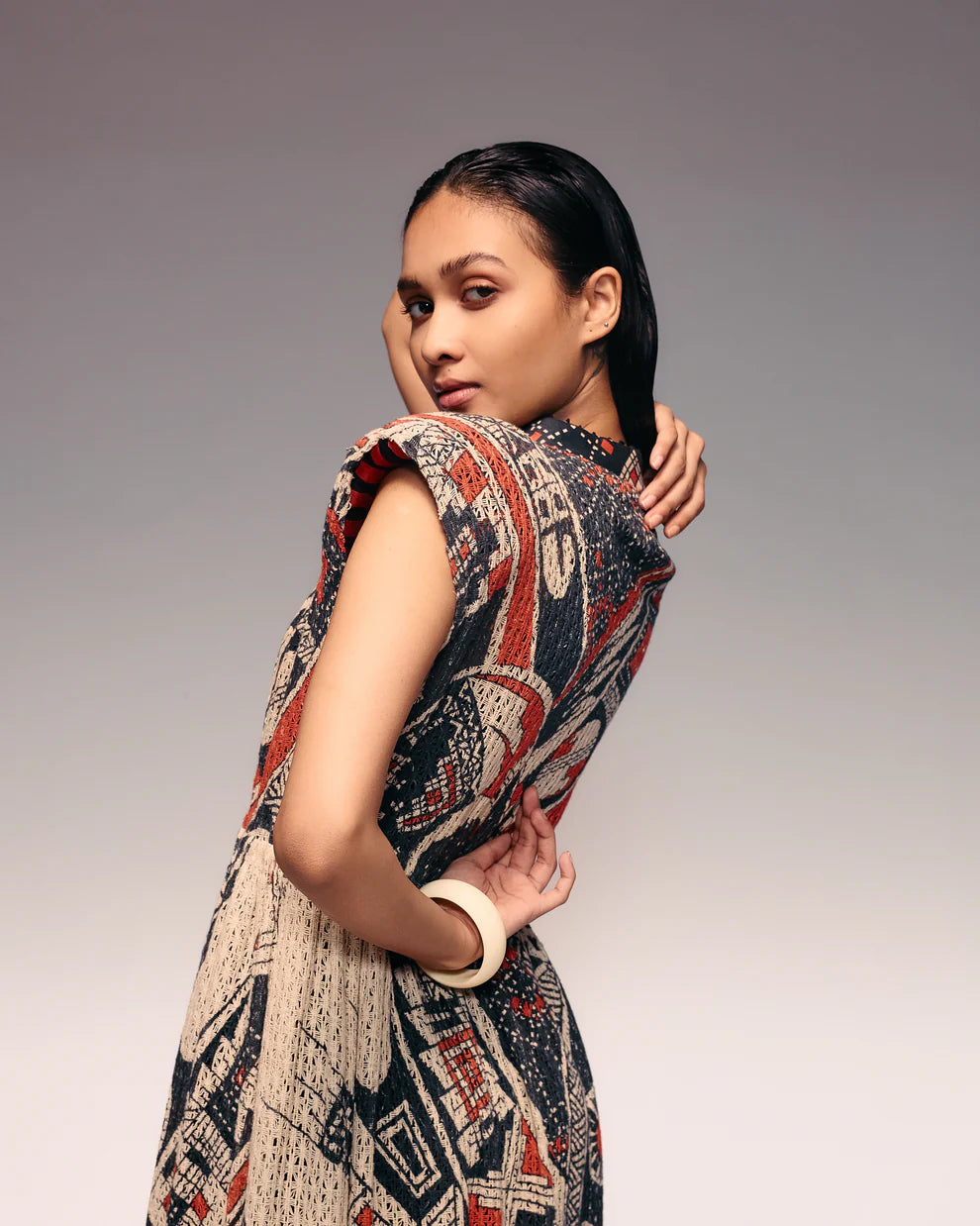 Rust Print Cotton Net Drawstring Dress
