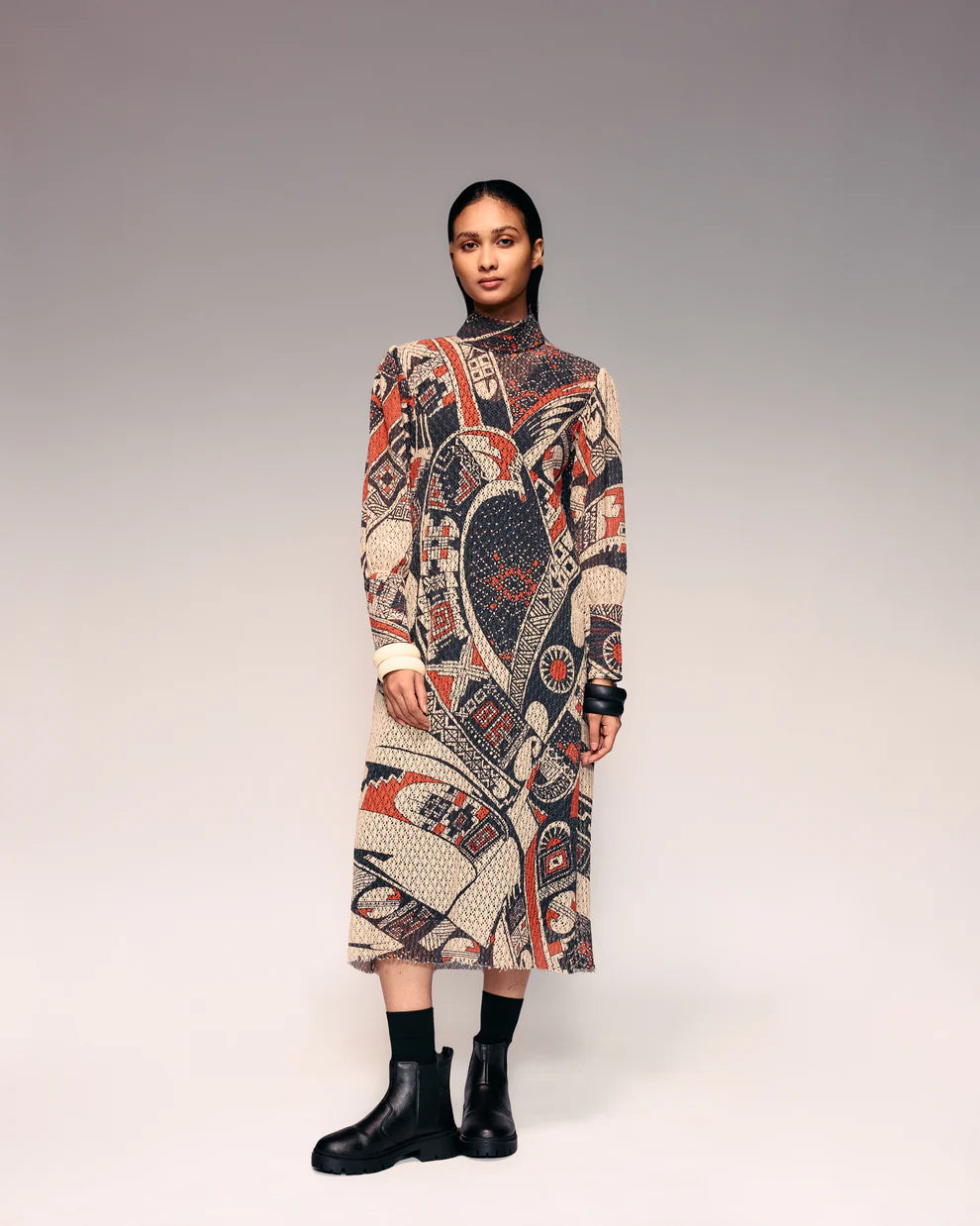Rust Print Cotton Net Midi Dress