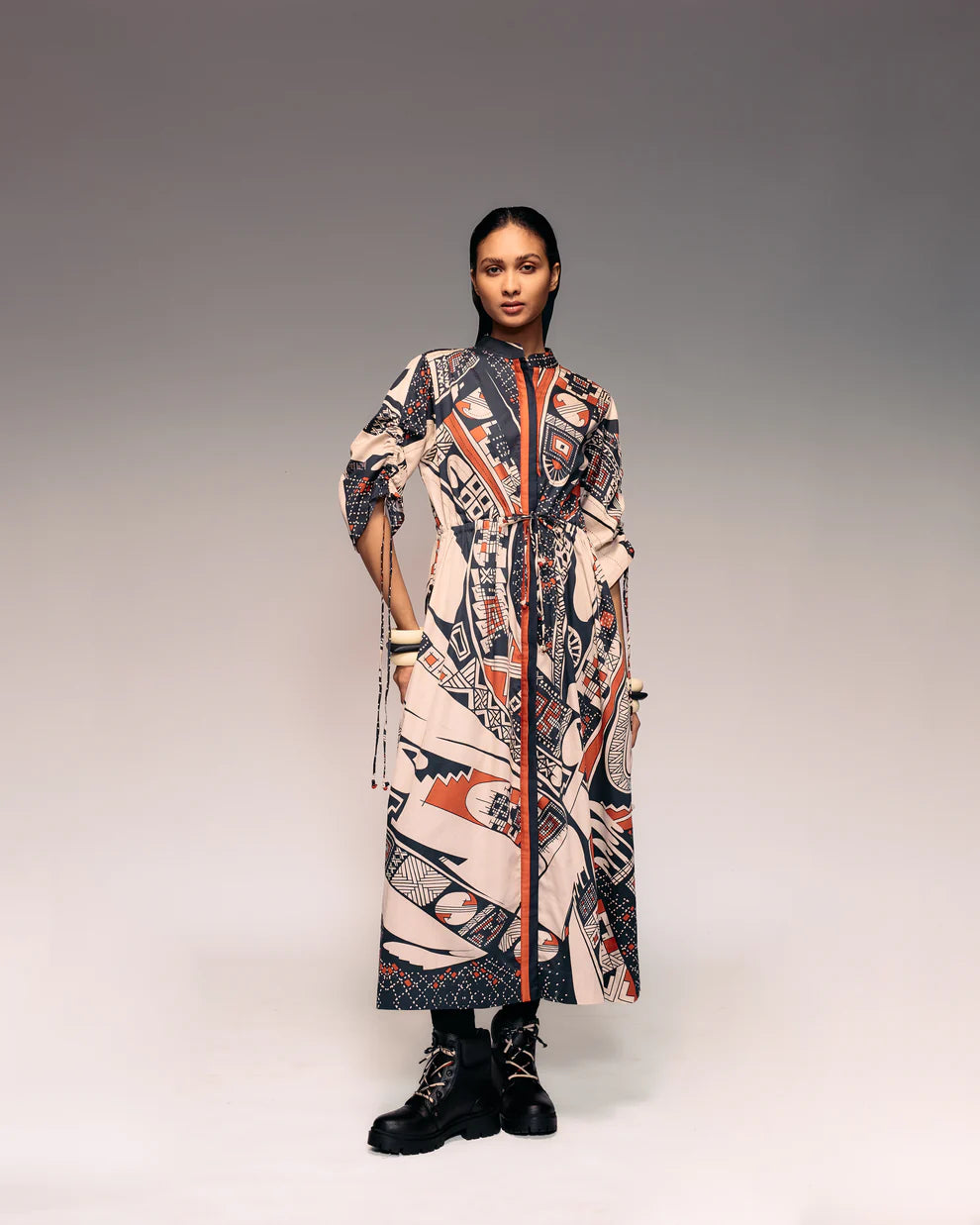Rust Print Drawstring Dress