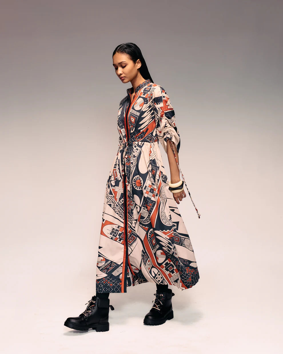 Rust Print Drawstring Dress
