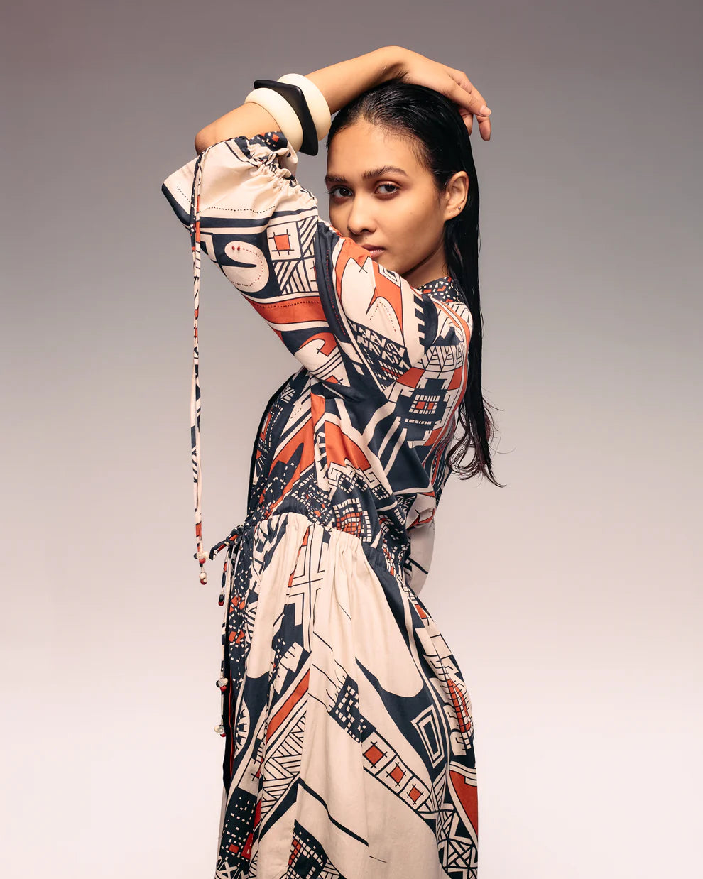 Rust Print Drawstring Dress