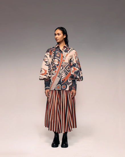Rust Black Beige Stripe Gathered Skirt