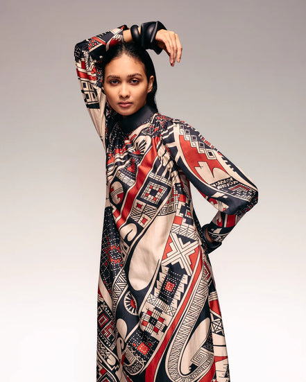 Rust Print Silk Midi Dress