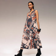 Rust Print V Neck Midi Dress