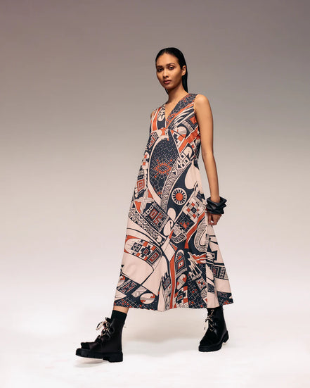 Rust Print V Neck Midi Dress