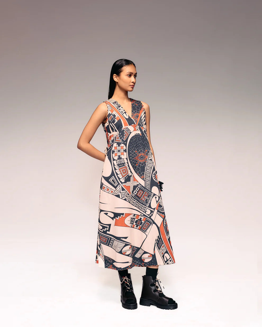 Rust Print V Neck Midi Dress
