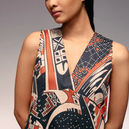 Rust Print V Neck Midi Dress
