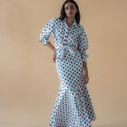 Shirt with Concealed Placket & Kimono Sleeve and Long Skirt - Light Blue/Maroon