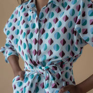 Shirt with Concealed Placket & Kimono Sleeve and Long Skirt - Light Blue/Maroon