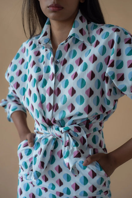 Shirt with Concealed Placket & Kimono Sleeve and Long Skirt - Light Blue/Maroon
