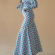 Shirt with Concealed Placket & Kimono Sleeve and Long Skirt - Light Blue/Maroon