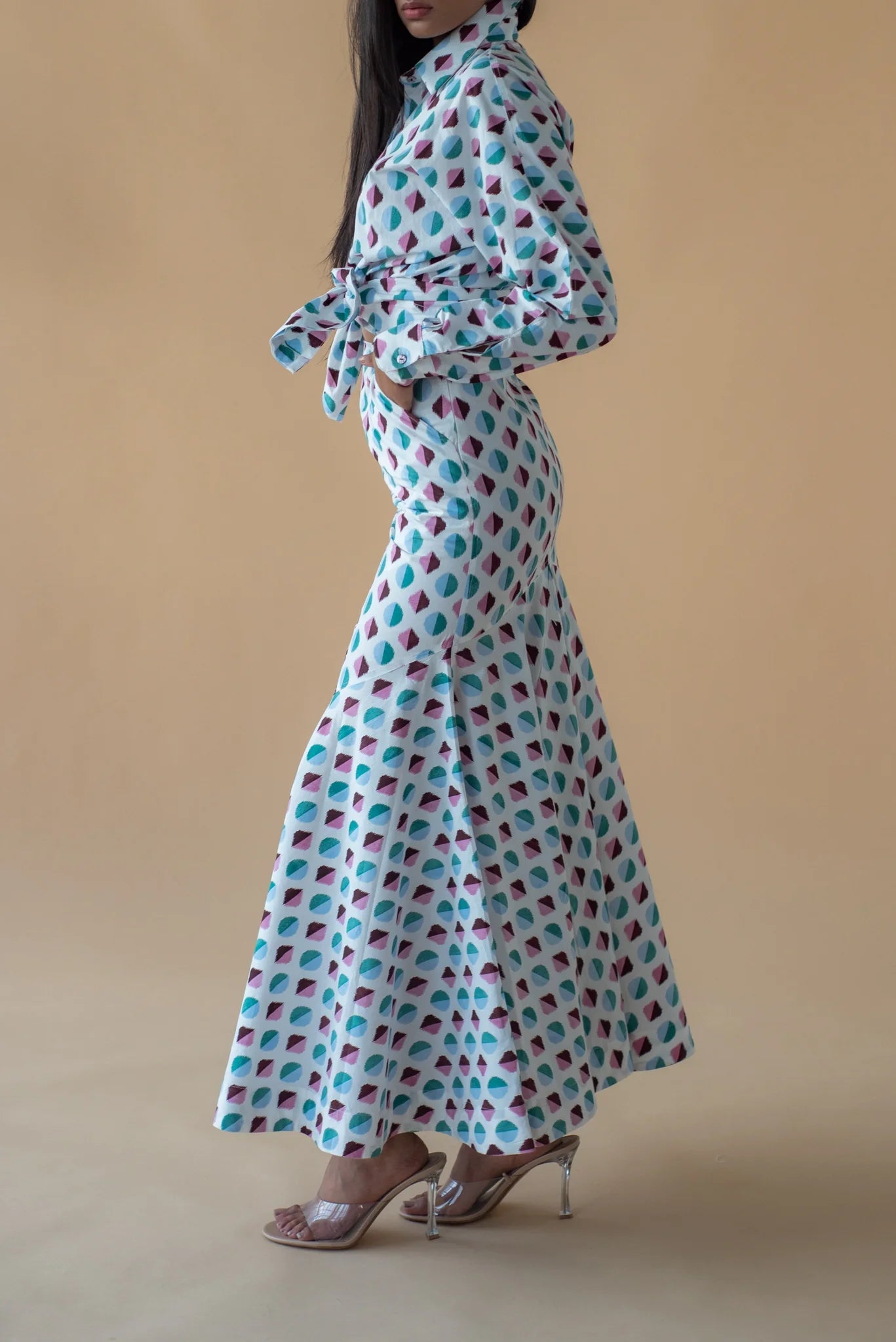 Shirt with Concealed Placket & Kimono Sleeve and Long Skirt - Light Blue/Maroon