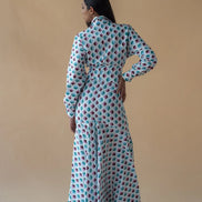 Shirt with Concealed Placket & Kimono Sleeve and Long Skirt - Light Blue/Maroon