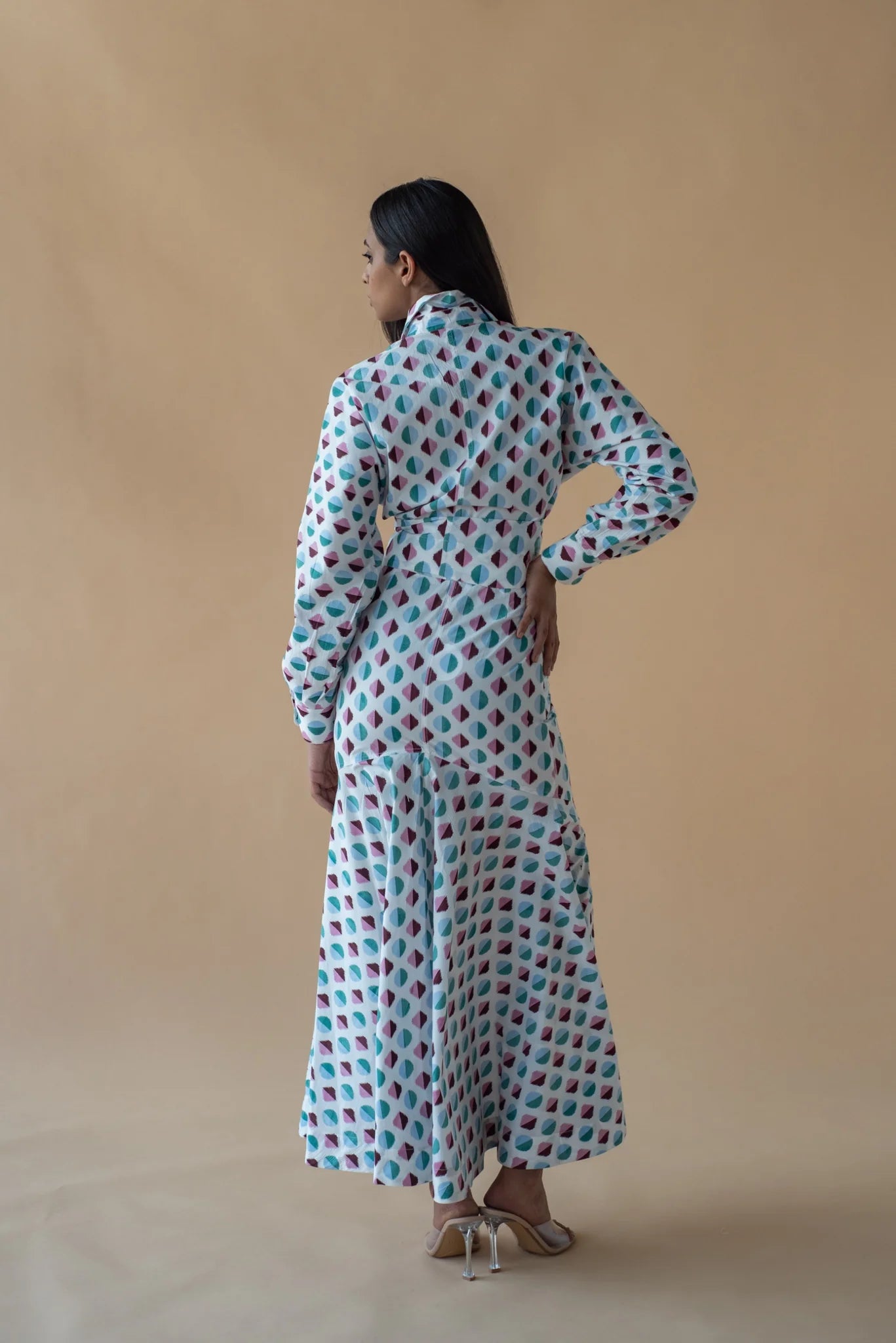 Shirt with Concealed Placket & Kimono Sleeve and Long Skirt - Light Blue/Maroon