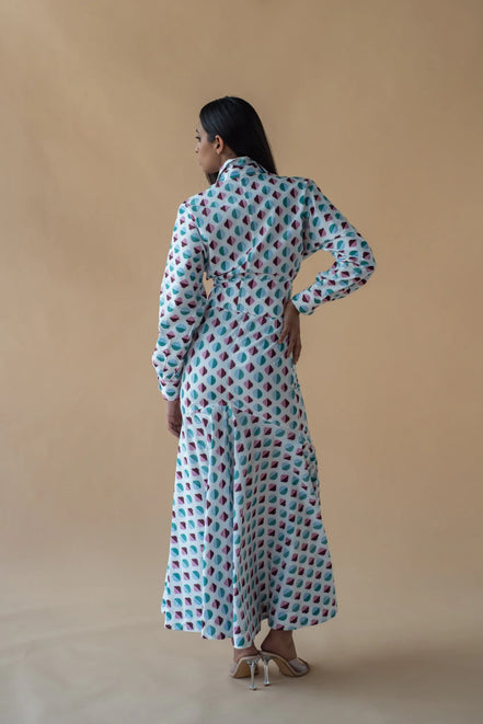 Shirt with Concealed Placket & Kimono Sleeve and Long Skirt - Light Blue/Maroon