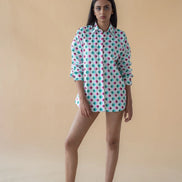Shirt with Concealed Placket & Kimono Sleeve - Green/Pink