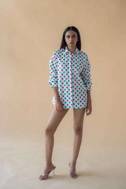 Shirt with Concealed Placket & Kimono Sleeve - Green/Pink