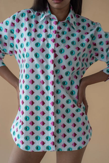 Shirt with Concealed Placket & Kimono Sleeve - Green/Pink