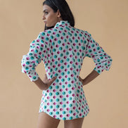 Shirt with Concealed Placket & Kimono Sleeve - Green/Pink