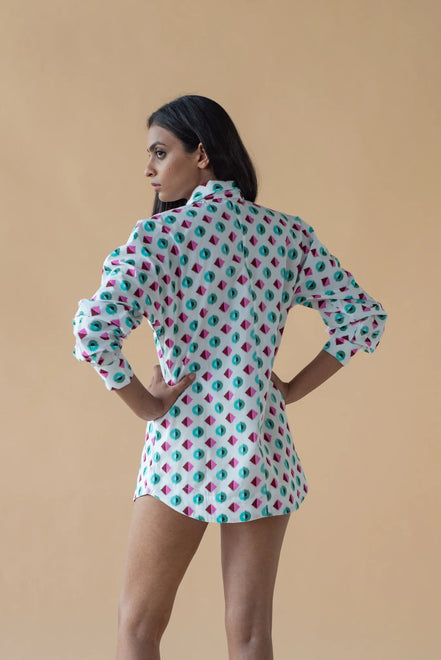 Shirt with Concealed Placket & Kimono Sleeve - Green/Pink