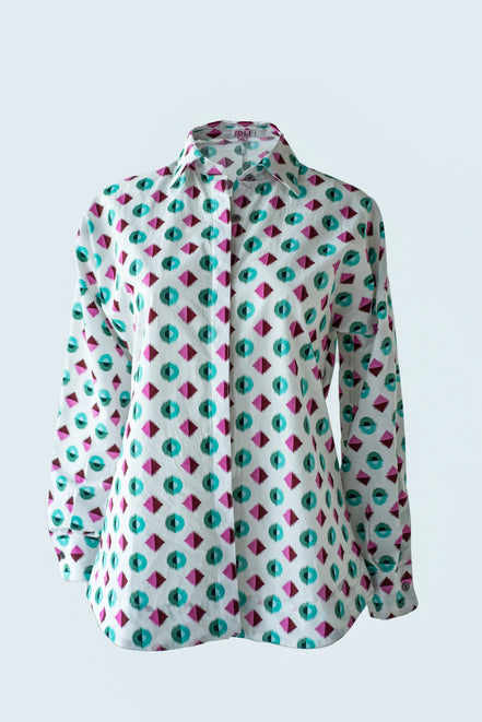 Shirt with Concealed Placket & Kimono Sleeve - Green/Pink