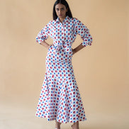 Shirt with Concealed Placket and Kimono Sleeve and Long Skirt - Red/Blue