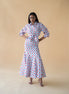 Shirt with Concealed Placket and Kimono Sleeve and Long Skirt - Red/Blue