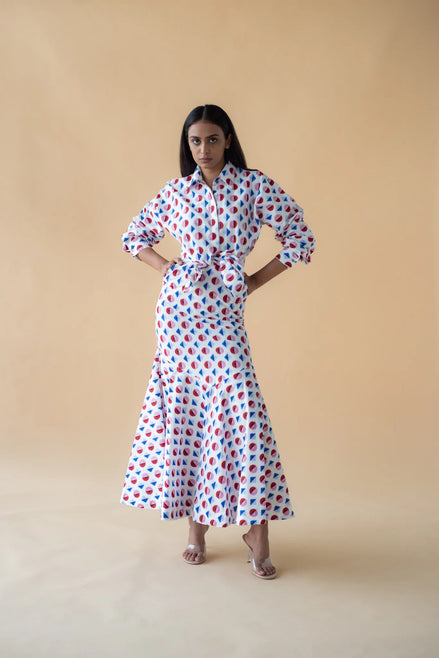 Shirt with Concealed Placket and Kimono Sleeve and Long Skirt - Red/Blue