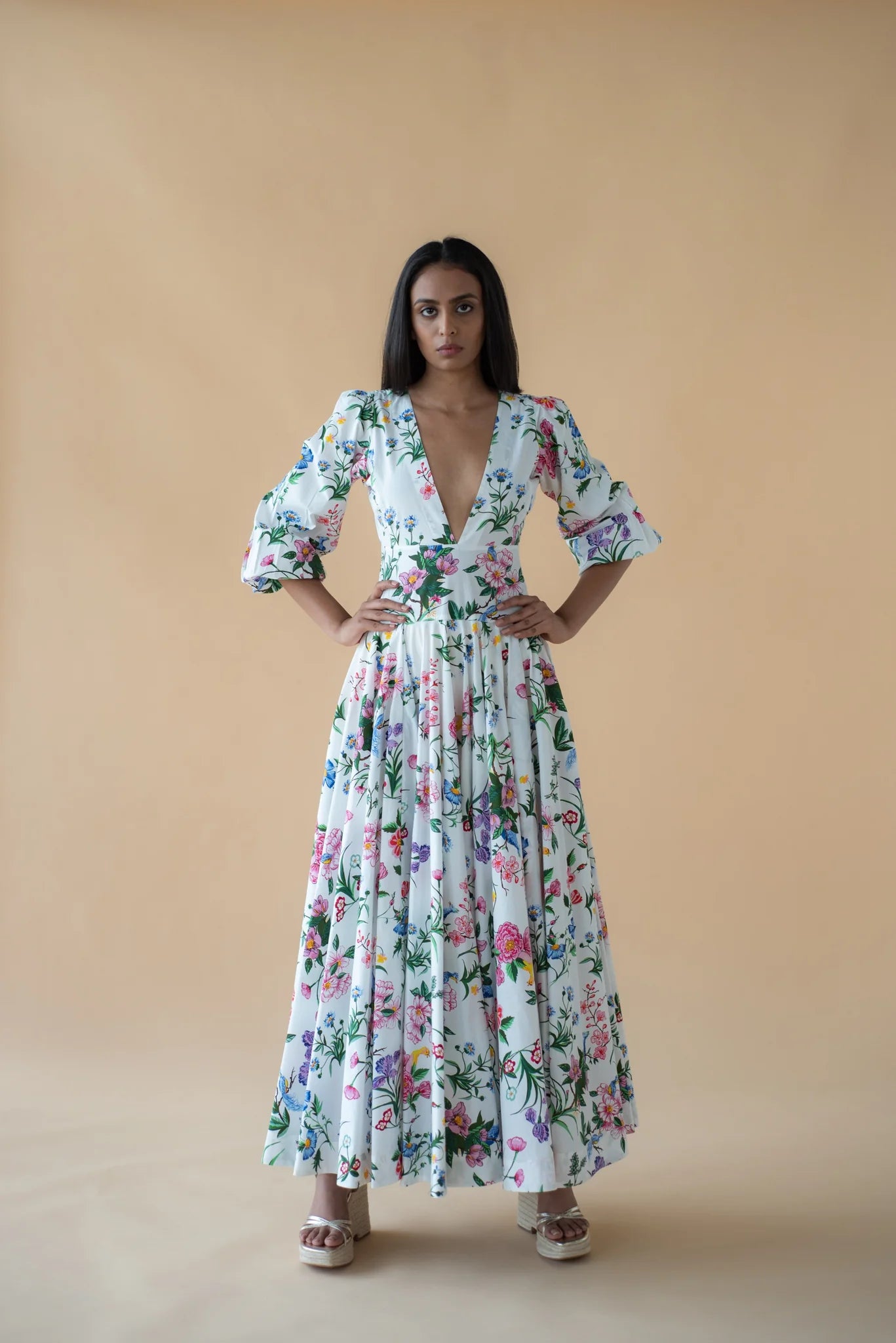 V Neck Long Dress in Flower Print
