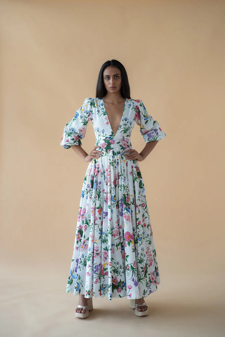 V Neck Long Dress in Flower Print