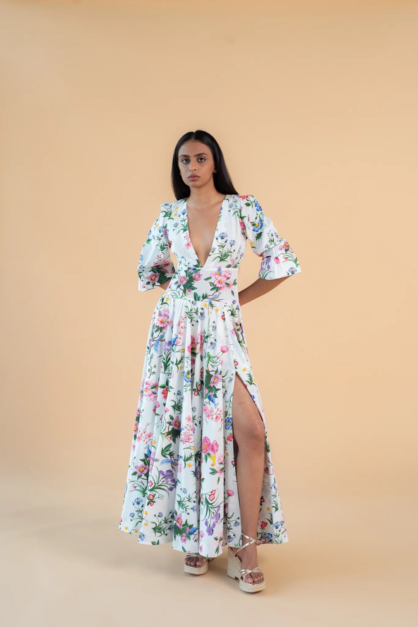 V Neck Long Dress in Flower Print