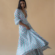 V Neck Long Dress in Geometric Print - Green/Pink