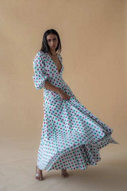 V Neck Long Dress in Geometric Print - Green/Pink
