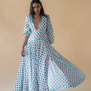 V Neck Long Dress in Geometric Print - Green/Pink