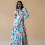 V Neck Long Dress in Geometric Print - Green/Pink