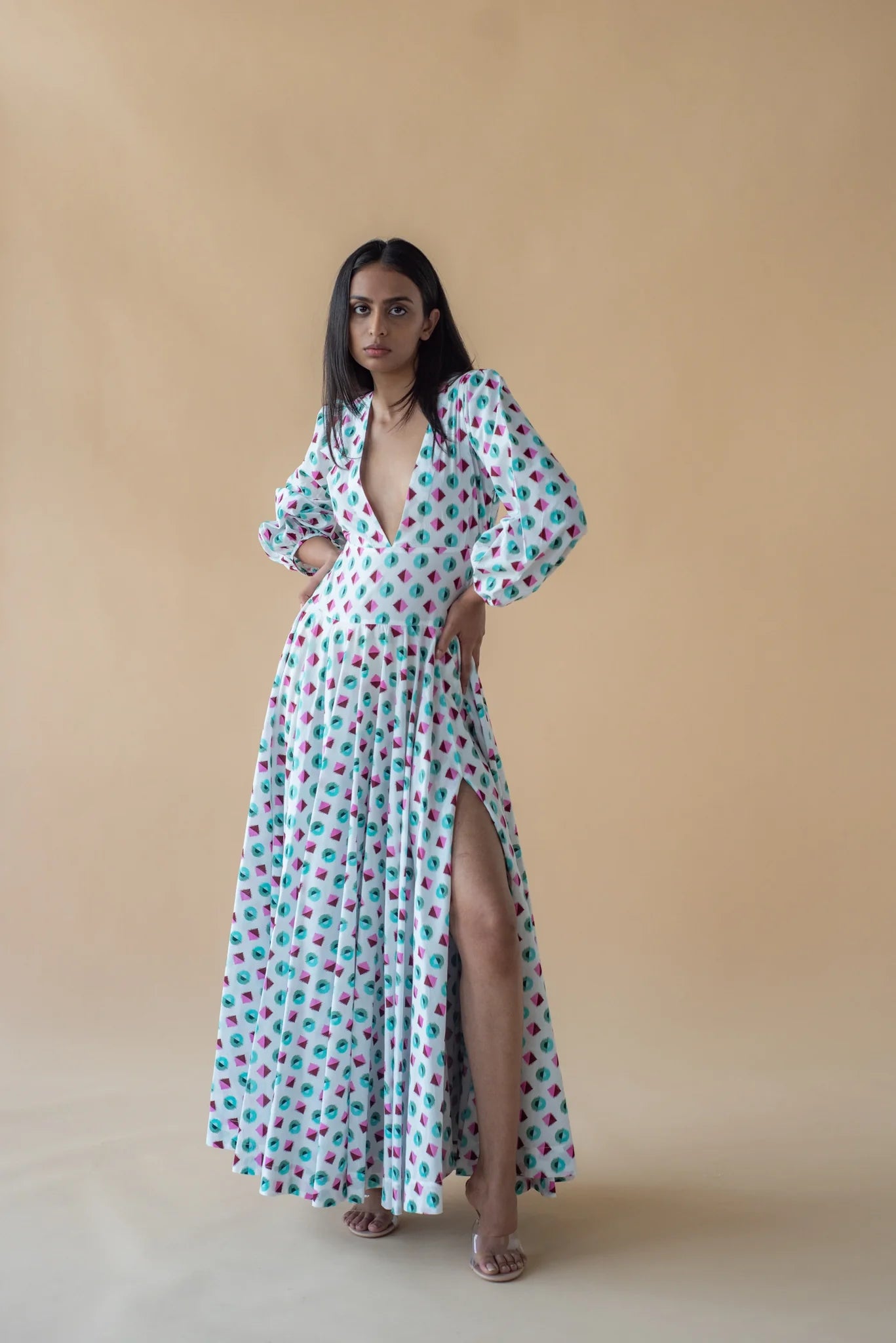 V Neck Long Dress in Geometric Print - Green/Pink