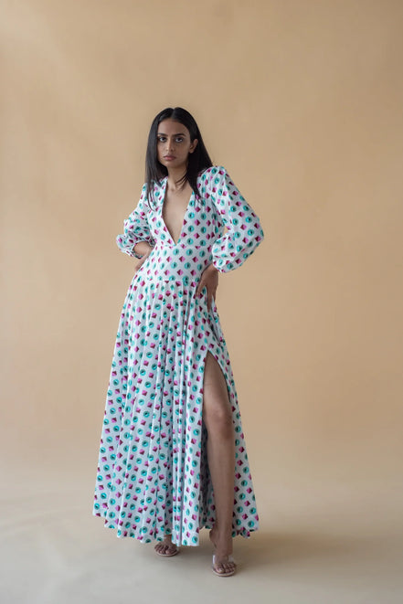 V Neck Long Dress in Geometric Print - Green/Pink