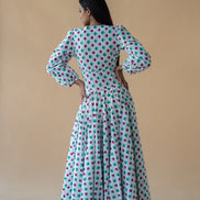 V Neck Long Dress in Geometric Print - Green/Pink