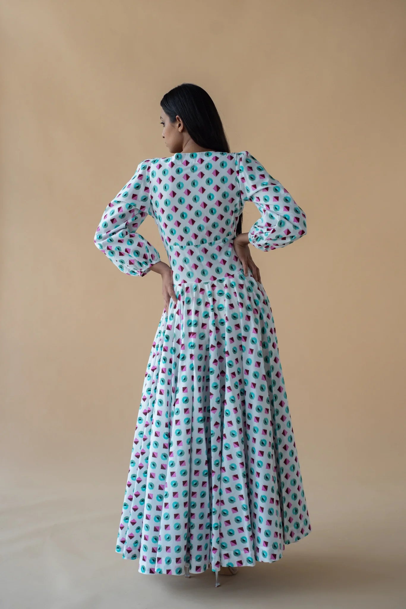 V Neck Long Dress in Geometric Print - Green/Pink