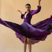 Violet Satin Silk Ombre Long Dress V Neck