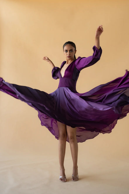 Violet Satin Silk Ombre Long Dress V Neck