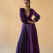 Violet Satin Silk Ombre Long Dress V Neck