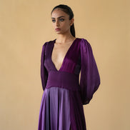 Violet Satin Silk Ombre Long Dress V Neck