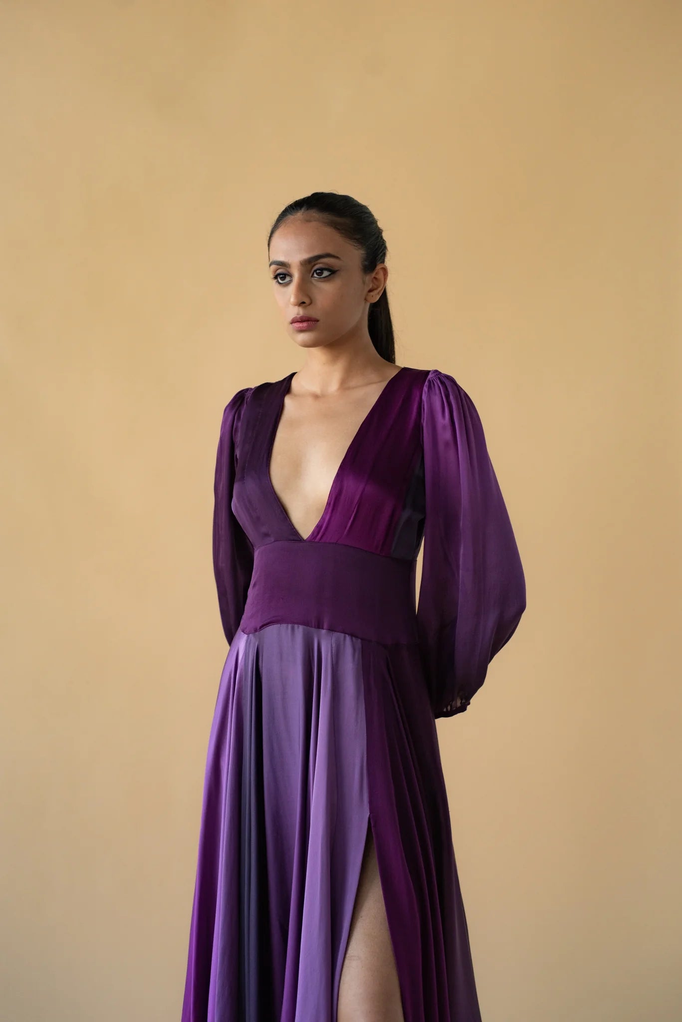 Violet Satin Silk Ombre Long Dress V Neck