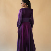 Violet Satin Silk Ombre Long Dress V Neck