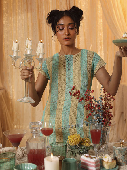 Yellow Blue Strip Cotton Net Midi