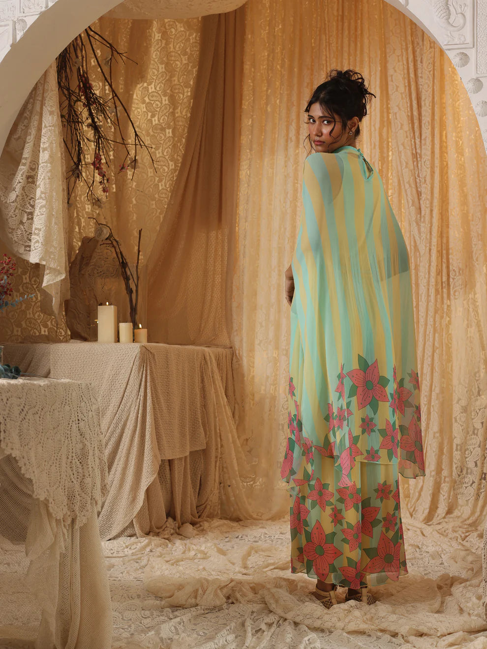 Yellow Blue Stripe Chiffon Batwing Top